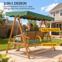 Outsunny 3 Seater 2-in-1 Wooden Garden Swing Seat Swing Chair, Outdoor Convertible Hammock Bench w/cushion, Furniture Lounger Bed, Dark Green(m-4)
