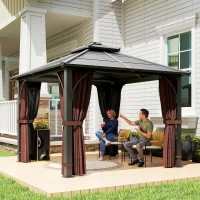 Outsunny 3 x 3(m) Hardtop Gazebo Canopy with 7mm Polycarbonate Double-Tier Roof, Garden Gazebo Permanent Pavilion with Mosquito Netting and Curtains for Patio, Terrace, Brown(m-10)