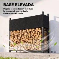 Outsunny Estante de Leña con Funda Oxford 600D Leñero de Acero Galvanizado Robusto Carga 250 kg para Interior y Exterior Negro(m-9)