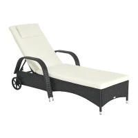 Outsunny Rattan Sun Lounger, Garden Lounger Recliner with Wheels and Adjustable Backrest, Outdoor Reclining Sunbed Garden Chair with Cushion and Headrest for Patio, Beach, Terrace, Black(m-1)