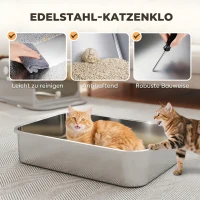 PawHut XXL Edelstahl-Katzentoilette mit Klappdeckel, Katzenklo mit Schaufel, für große Katzen bis zu 15 kg, leicht zu reinigen(m-4)