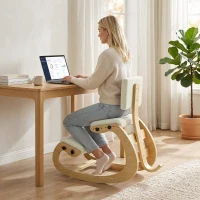 HOMCOM Sedia Ergonomica Inginocchiata in Tessuto Effetto Lino e Compensato di Betulla, Crema(m-2)