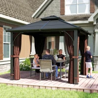 Outsunny 3 x 3(m) Hardtop Gazebo Canopy with 7mm Polycarbonate Double-Tier Roof, Garden Gazebo Permanent Pavilion with Mosquito Netting and Curtains for Patio, Terrace, Brown(m-2)