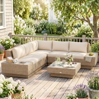 Outsunny 4 Pieces Rattan Garden Furniture Set, Garden Corner Sofa with Side Trays, Wicker Conservatory Furniture Set with Loveseats, Slatted Plastic Top Coffee Table and Cushions, Beige(m-8)