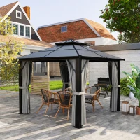 Outsunny 3 x 3(m) Hardtop Gazebo Canopy with UPF30+ Double Polycarbonate Roof, Aluminium Frame Garden Gazebo Permanent Pavilion with Mosquito Netting and Curtains for Patio, Deck, Grey(m-10)
