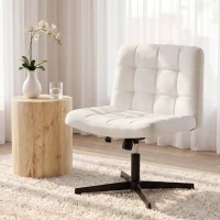 HOMCOM Armless Office Chair, Cross Legged Linen Computer Desk Vanity Chair with Wide Seat, Rocking Function, Beige(m-14)