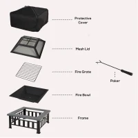 Outsunny Metal Large Firepit Outdoor Square Fire Pit Brazier with Rain Cover, Lid, Log Grate, Poker for Backyard, Camping, BBQ, Bonfire, Wood Burning Stove, 86 x 86 x 54cm, Black(m-8)