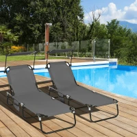 Outsunny Set of Two Folding Sun Loungers, with Adjustable Backs and Sun Canopies - Grey(m-10)