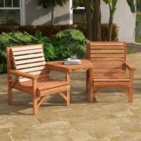 Outsunny Wooden Garden Love Seat w/ Coffee Table Umbrella Hole, Tan Brown(m-10)