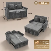 HOMCOM Sofá Cama 2 Plazas 3 en 1 con Respaldo Ajustable 5 Niveles Bolsillos Laterales 2 Almohadas para Sala de Estar Gris(m-3)