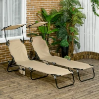 Outsunny 2 Piece Folding Sun Loungers with Canopy, Adjustable Recliner Garden Chairs with Side Pocket, Steel Frame and Breathable Mesh for Outdoor, Pool, Beach, Garden, Tan Brown(m-2)