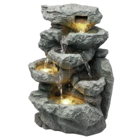 Outsunny Outdoor Fountain with 6-Tier Rock Design, Waterfall Feature with LED Lights, Resin Freestanding Garden Fountain, Grey(m-15)