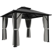 Outsunny 3 x 3(m) Hardtop Gazebo Canopy with UPF30+ Double Polycarbonate Roof, Aluminium Frame Garden Gazebo Permanent Pavilion with Mosquito Netting and Curtains for Patio, Deck, Grey(m-1)