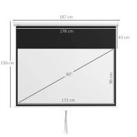 HOMCOM Ecran de Proiecție 80" 16:9 cu Frânghie de Reglare, din Plastic și Metal, 187x8x150 cm, Alb(m-3)