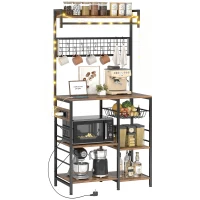 HOMCOM Scaffale Cucina con Prese e LED, Angolo Caffè, Asta Appendiabiti, Pannello in Metallo, 5 Ripiani, Cestello, 10 Ganci, Marrone Rustico(m-11)