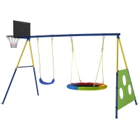 AIYAPLAY 4-in-1 Kids Swing Set with Saucer Swing, Basketball Hoop and Football Goal, Outdoor Playground Playset for Garden(m-11)