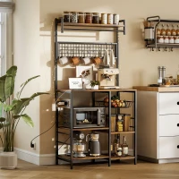 HOMCOM Scaffale Cucina con Prese e LED, Angolo Caffè, Asta Appendiabiti, Pannello in Metallo, 5 Ripiani, Cestello, 10 Ganci, Marrone Rustico(m-2)