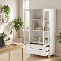 HOMCOM Arquivador com Portas de Vidro e Gaveta, Armário de Escritório com Barras Ajustáveis para Arquivo, 75x40x141 cm, Branco(m-14)
