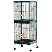 PawHut Gabbia Voliera per Uccelli per Interni con Ruote e Vassoi Estraibili, 51.5x50x140 cm, Verde Scuro(m-11)