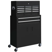 HOMCOM Carro de Ferramentas com Baú Superior, 6 Gavetas, Armário, Fechadura e 4 Ganchos para Garagem e Casa, Preto(m-1)