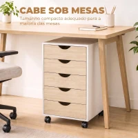 HOMCOM Gaveteiro de Escritório com Rodas e 5 Gavetas, Arquivador Móvel, para Estúdio e Sala, 40x40x67 cm Branco e Natural(m-6)