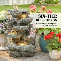 Outsunny Outdoor Fountain with 6-Tier Rock Design, Waterfall Feature with LED Lights, Resin Freestanding Garden Fountain, Grey(m-4)