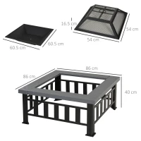 Outsunny Metal Large Firepit Outdoor Square Fire Pit Brazier with Rain Cover, Lid, Log Grate, Poker for Backyard, Camping, BBQ, Bonfire, Wood Burning Stove, 86 x 86 x 54cm, Black(m-3)