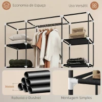 HOMCOM Roupeiro em Tecido com Barra, 10 Prateleiras, Cobertura com Fecho e Estrutura em Aço 150x43x162,5 cm Preto(m-6)