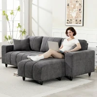 HOMCOM Sofá Chaise Longue Reversível 3 Lugares com 2 Almofadas Estofado em Linho e Estrutura em Aço 242x156x87 cm Cinzento Escuro(m-9)