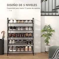 HOMCOM Zapatero de 5 Niveles Zapatero Estrecho de Acero para 15 Pares de Zapatos para Recibidor Entrada Pasillo Negro(m-5)