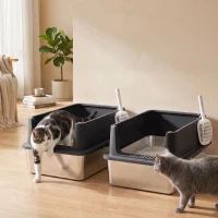 PawHut 2er-Set Katzenklo Edelstahl XL mit Hohem Rand Deckel 60x40x30cm Halboffene mit 2 Schaufeln, für Große Katzen bis 8 kg(m-4)
