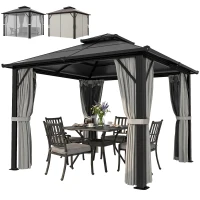 Outsunny 3 x 3(m) Hardtop Gazebo Canopy with UPF30+ Double Polycarbonate Roof, Aluminium Frame Garden Gazebo Permanent Pavilion with Mosquito Netting and Curtains for Patio, Deck, Grey(m-11)