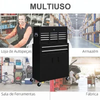HOMCOM Carro de Ferramentas com Baú Superior, 6 Gavetas, Armário, Fechadura e 4 Ganchos para Garagem e Casa, Preto(m-5)