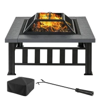 Outsunny Metal Large Firepit Outdoor Square Fire Pit Brazier with Rain Cover, Lid, Log Grate, Poker for Backyard, Camping, BBQ, Bonfire, Wood Burning Stove, 86 x 86 x 54cm, Black(m-1)