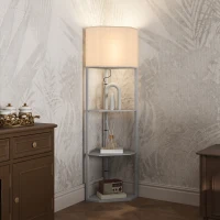 HOMCOM Corner Floor Lamp with Shelves, Tall Standing Lamps for Living Room, with Pull Chain Switch Bulb not Included, Grey(m-2)