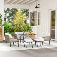 Outsunny 6 Piece Rattan Garden Furniture Set, 8 Seater Garden Corner Sofa with Cushions and Glass Top Table, Sectional Outdoor Furniture Conservatory Set for Patio, Cream White(m-10)