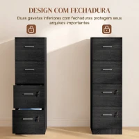 HOMCOM Gaveteiro de Secretária com 4 Gavetas Fechaduras e Barras Ajustáveis para Arquivo A4 e Letter 40x42x130,8 cm Preto(m-6)