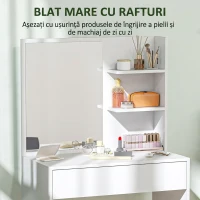 HOMCOM Masă de Machiaj cu Oglindă, 3 Rafturi de Colț și Sertar, din Lemn și Sticlă, 75x40x137 cm, Alb(m-5)