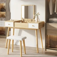 HOMCOM Tocador de Maquillaje con Espejo Abatible 100 cm Mesa de Maquillaje con Taburete Acolchado Cojín Suave Compartimentos y Cajones Patas de Madera Maciza Color Natural(m-9)
