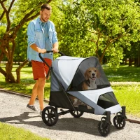 PawHut Passeggino per Cani Taglia Grande Pieghevole con Finestre a Rete, Cuscino e Guinzagli, 124x67x100 cm, Grigio(m-2)