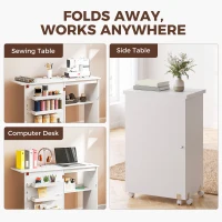 HOMCOM Folding Sewing Table, Drop Leaf Craft Table with Storage Bins, Open Shelf and Wheels, Rolling Sewing Machine Cabinet Computer Desk for Small Space, White(m-6)