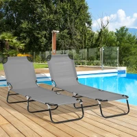 Outsunny Folding Sun Loungers Set of 2, Outdoor Day Bed with 5-Position Adjustable Backrest, Portable Recliner Garden Chairs with Breathable Mesh for Beach, Patio, Dark Grey(m-2)