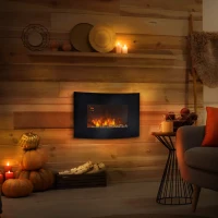 HOMCOM Șemineu Electric de Perete cu 2 Nivele de Încălzire 900-1800W, Flacără 7 Culori Reglabile și Telecomandă, Negru(m-10)