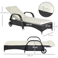 Outsunny Rattan Sun Lounger, Garden Lounger Recliner with Wheels and Adjustable Backrest, Outdoor Reclining Sunbed Garden Chair with Cushion and Headrest for Patio, Beach, Terrace, Black(m-3)