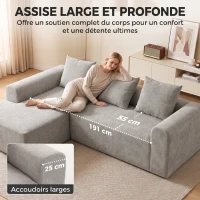 HOMCOM Canapé d'Angle en Chenille, Canapé 3 Places en L 242 cm avec Méridienne, Assise Profonde, Accoudoirs Larges, Gris Clair(m-6)