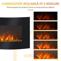 HOMCOM Șemineu Electric de Perete cu 2 Nivele de Încălzire 900-1800W, Flacără 7 Culori Reglabile și Telecomandă, Negru(m-6)