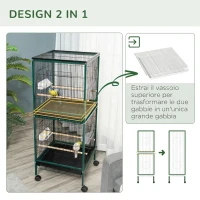 PawHut Gabbia Voliera per Uccelli per Interni con Ruote e Vassoi Estraibili, 51.5x50x140 cm, Verde Scuro(m-4)