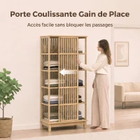 HOMCOM Armoire Chambre Penderie en Bambou 5 Niveaux avec Porte Coulissante, Design Aéré à Lattes, Bois Naturel(m-5)