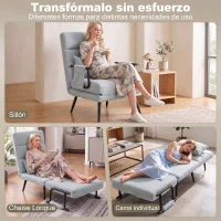 HOMCOM Sillón Cama Plegable 3 en 1 Tapizado en Lino Respaldo Ajustable Almohada con Funda Lavable 67x73x96 cm Gris Claro(m-4)
