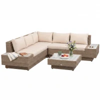 Outsunny 4 Pieces Rattan Garden Furniture Set, Garden Corner Sofa with Side Trays, Wicker Conservatory Furniture Set with Loveseats, Slatted Plastic Top Coffee Table and Cushions, Beige(m-1)